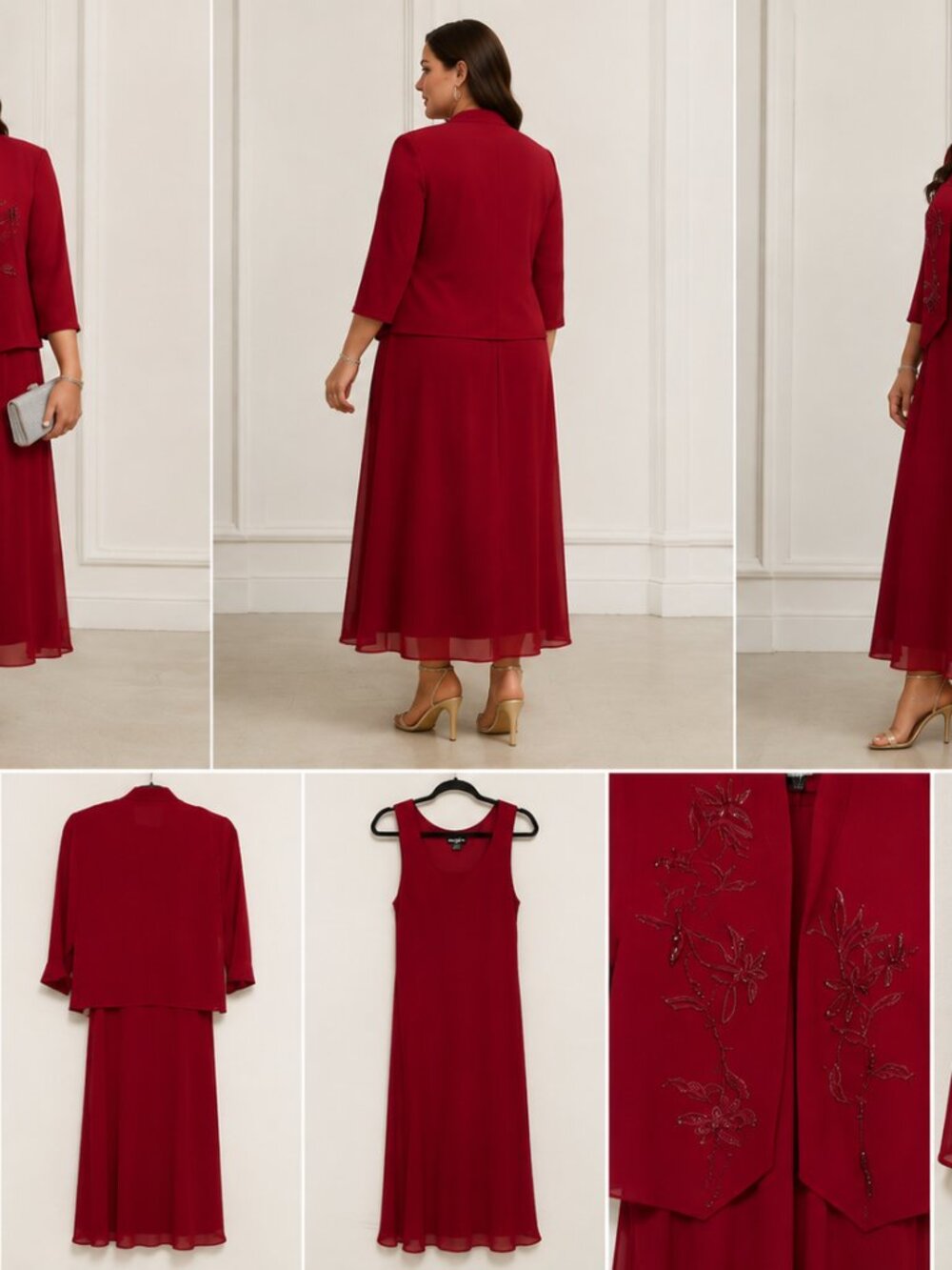 Vintage 90s Positive Attitude Red Chiffon Maxi Dress Jacket Set Beaded Size 12